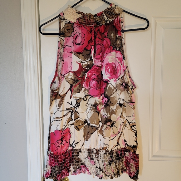 Cache 100% silk vintage sleeveless halter top. Pink, rose, white, tan. M - Picture 2 of 8